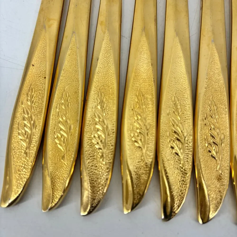 Vassar Nasco Stainless Steel Flatware Gold Tone Wheat Leaves 80s Knifes Forks